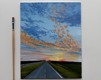 Open Sky Drive / Pintura original de Sunset Road 8x10