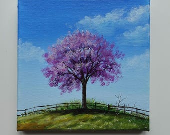 Cherry Blossom Tree Painting: Original Acrylic Garden Landscape (8x8)