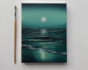 Pintura original de océano color turquesa de 6x8 pulgadas, reflejo de la luna sobre lienzo acrílico, arte mural costero.