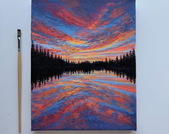 Espejo de brasas / Pintura original del lago al atardecer 8x10