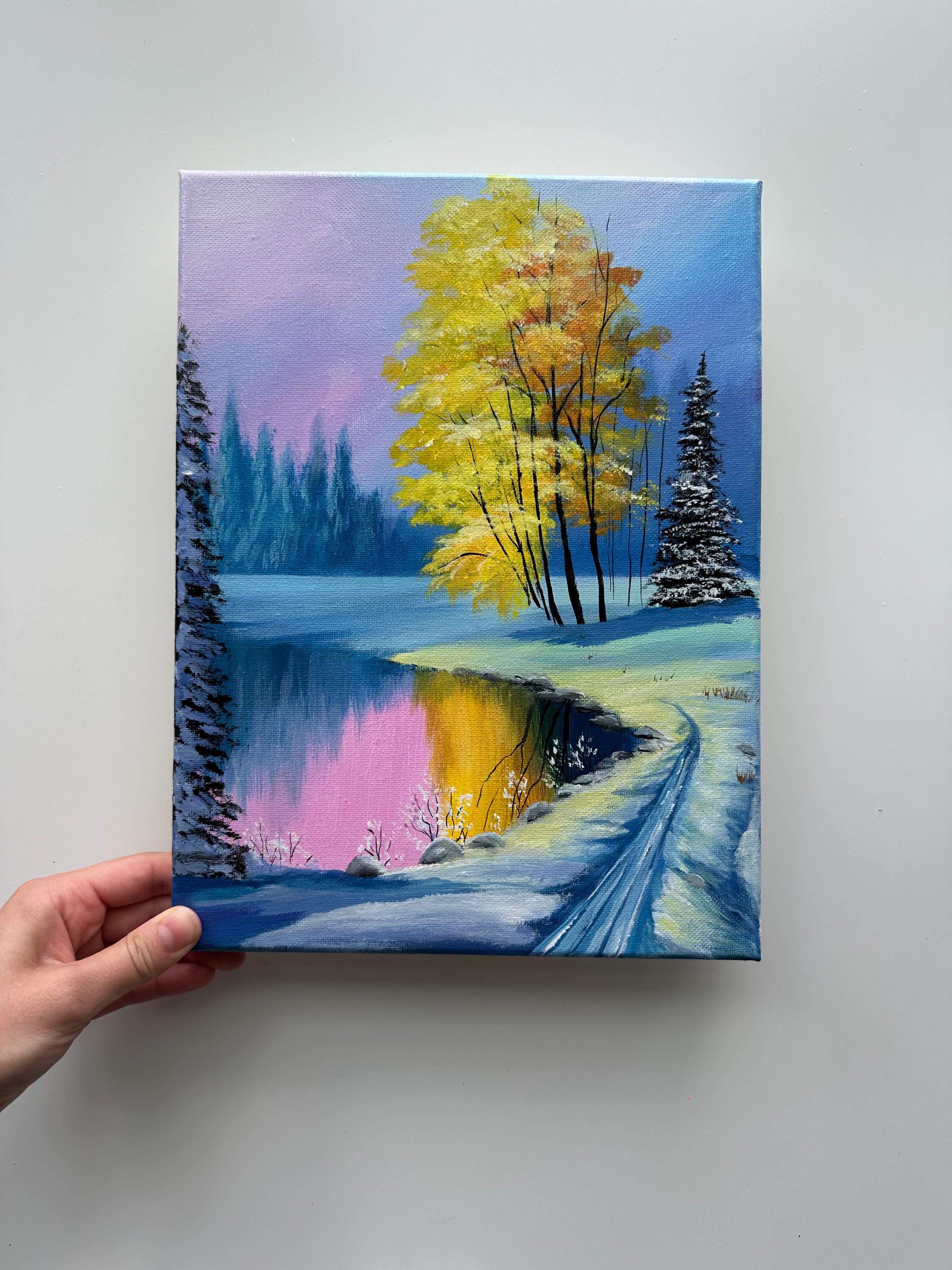 Original Winter Lake Acrylic Painting – Snowy Forest Scene, 9x12