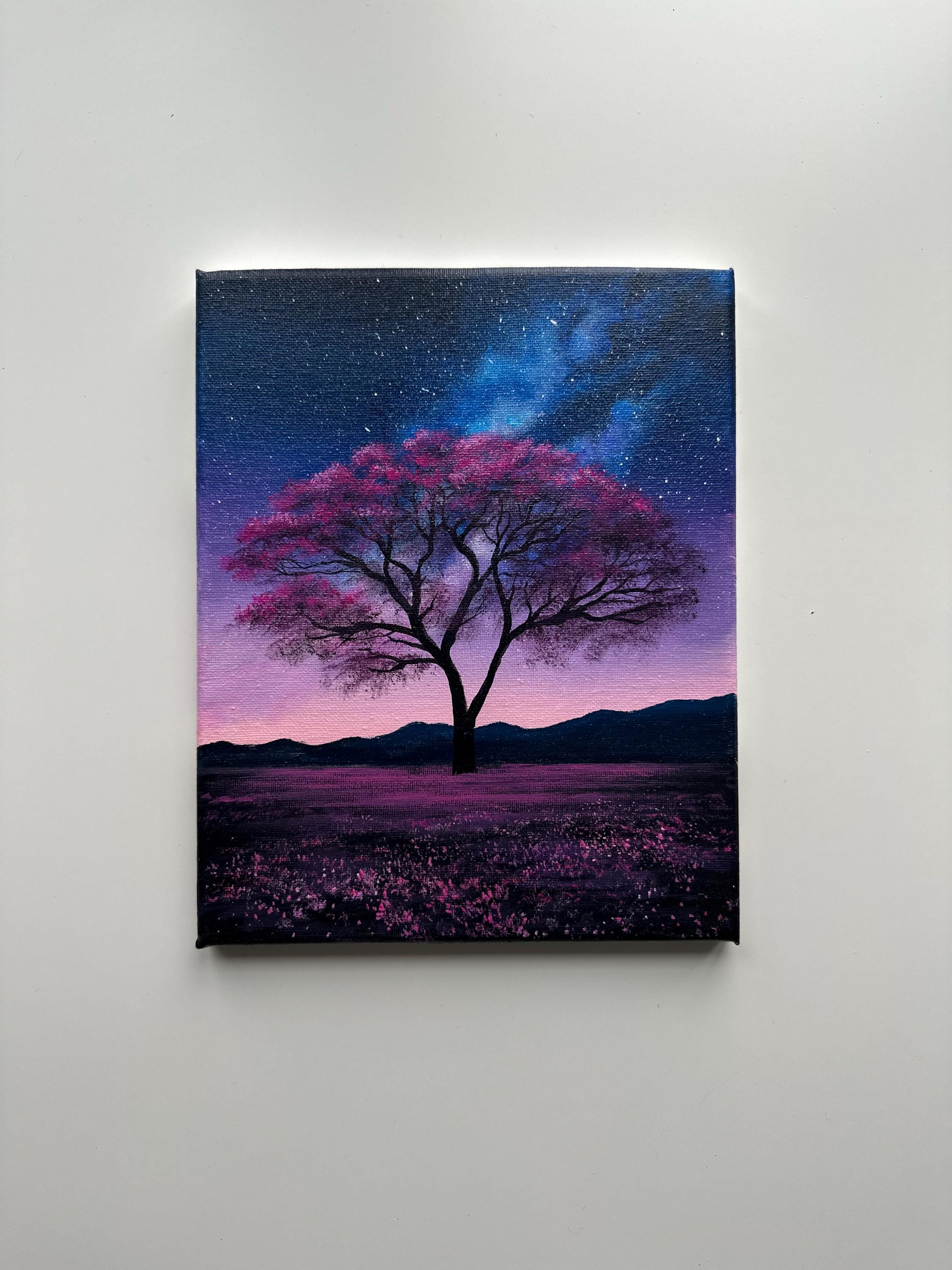 れい　Purple Lake シーグラスアート／天然石／紫／湖 Purple Skies and Galaxy Tree – 8x10 Original Acrylic Night
