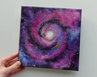 Galactic Spiral Acrylic Painting: Purple Pink Nebula, 8x8 Canvas