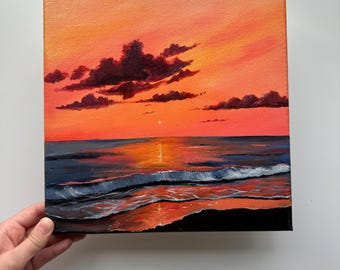 Sunset Over Waves – Original 10x10 Seascape Painting on Canvas