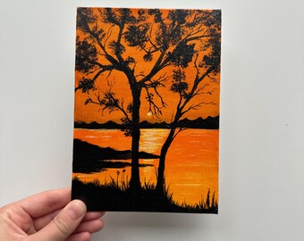 【セット商品】Orange&Parkアート（額あり）&カリフォルニアサインアート Lakeside Sunset Painting: Original Acrylic Landscape Art, 5x7