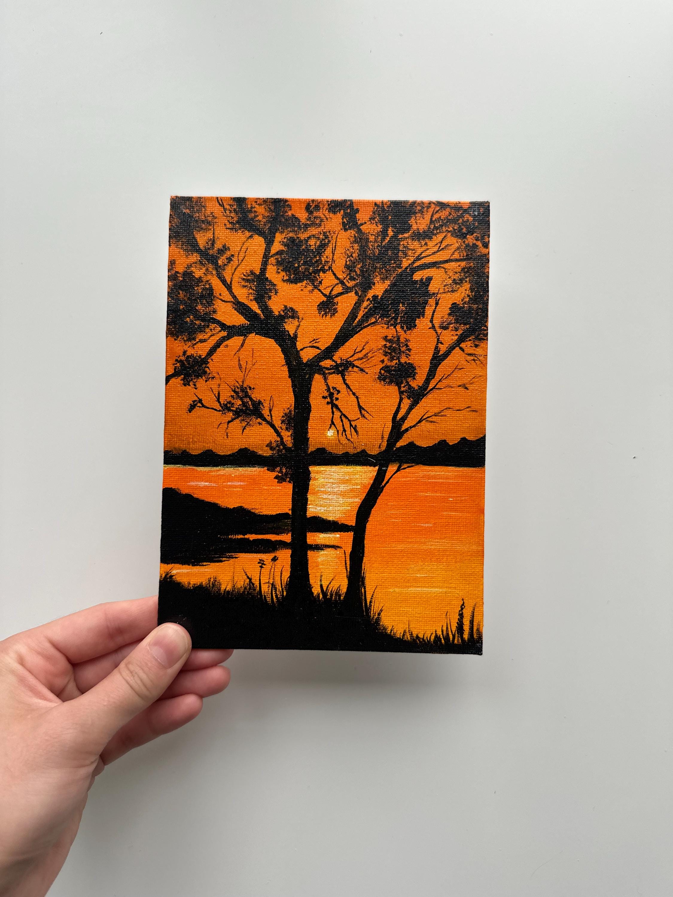Lakeside Sunset Painting: Original Acrylic Landscape Art, 5x7