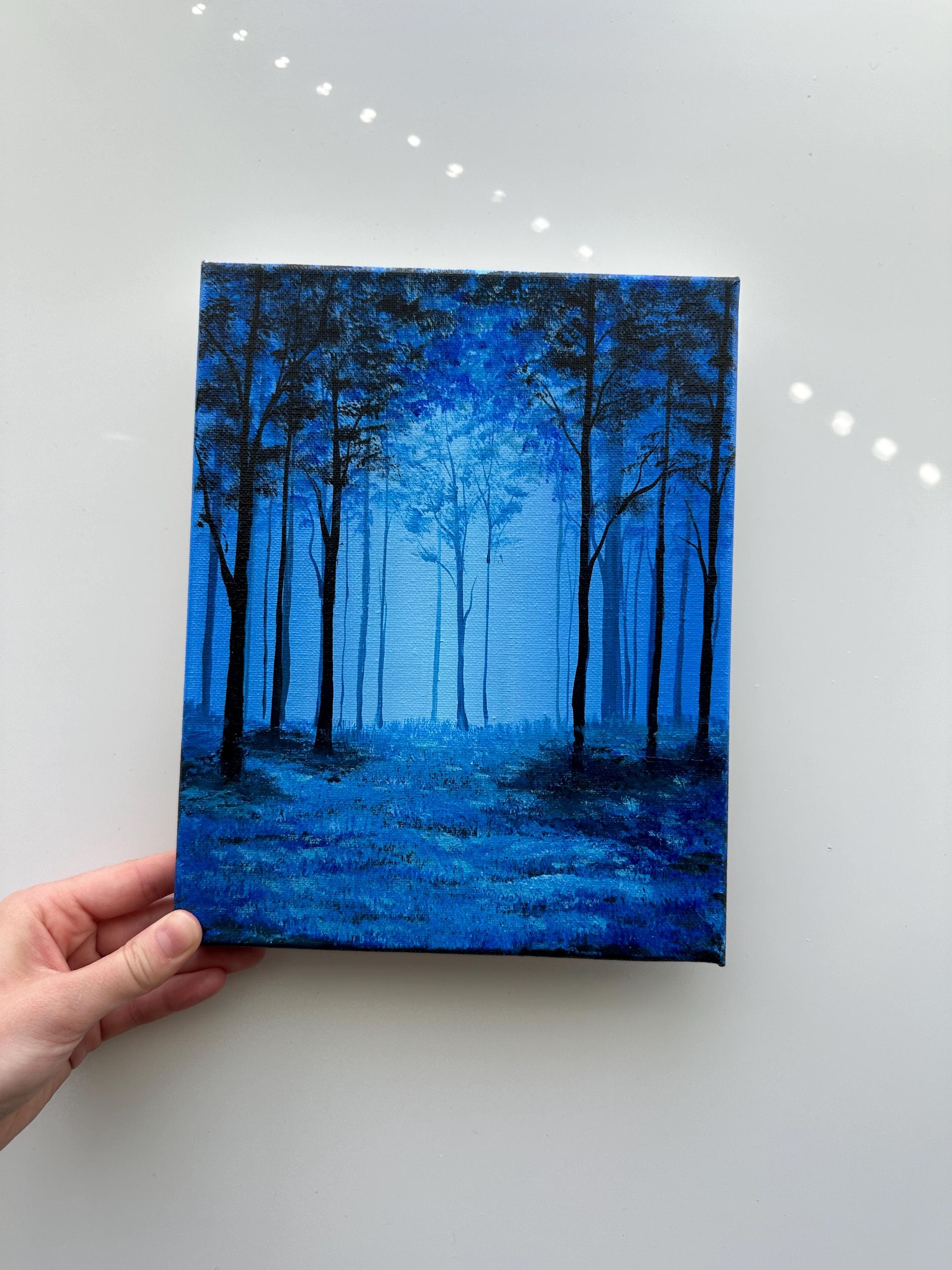 Mystic Blue Forest Glow – Original Acrylic Painting, 8×10 Inch on