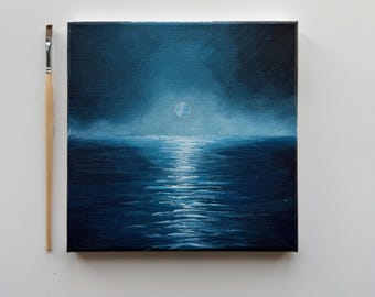 Pintura original de océano iluminado por la luna de 8x8 pulgadas, arte mural de paisaje marino nocturno, pintura acrílica con reflejo de luna azul.