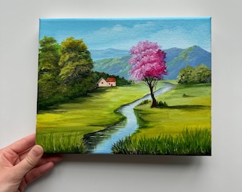 Spring Valley With Pink Tree – Original Acrylic Painting, 10×8