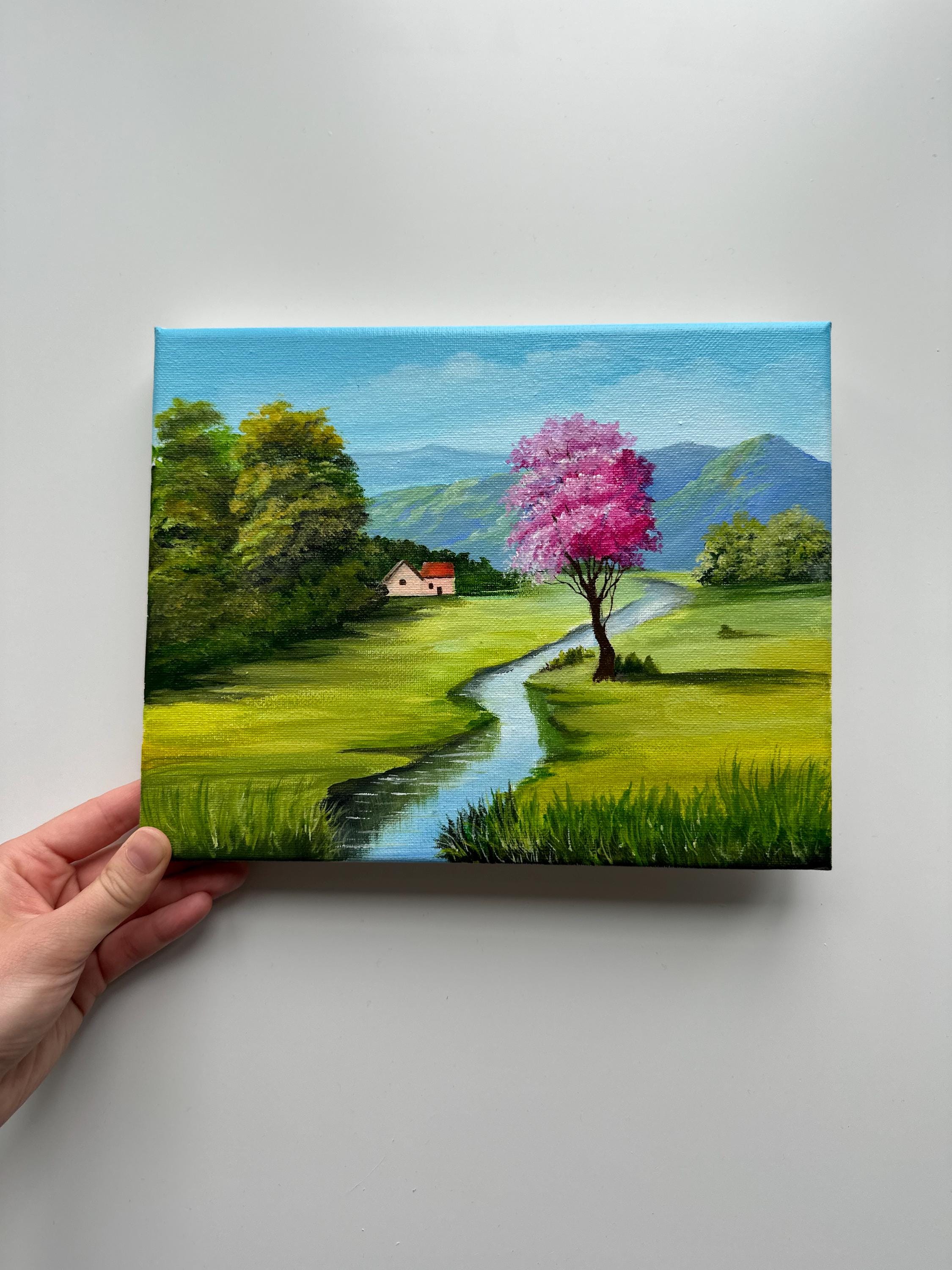 Spring Valley With Pink Tree – Original Acrylic Painting, 10×8