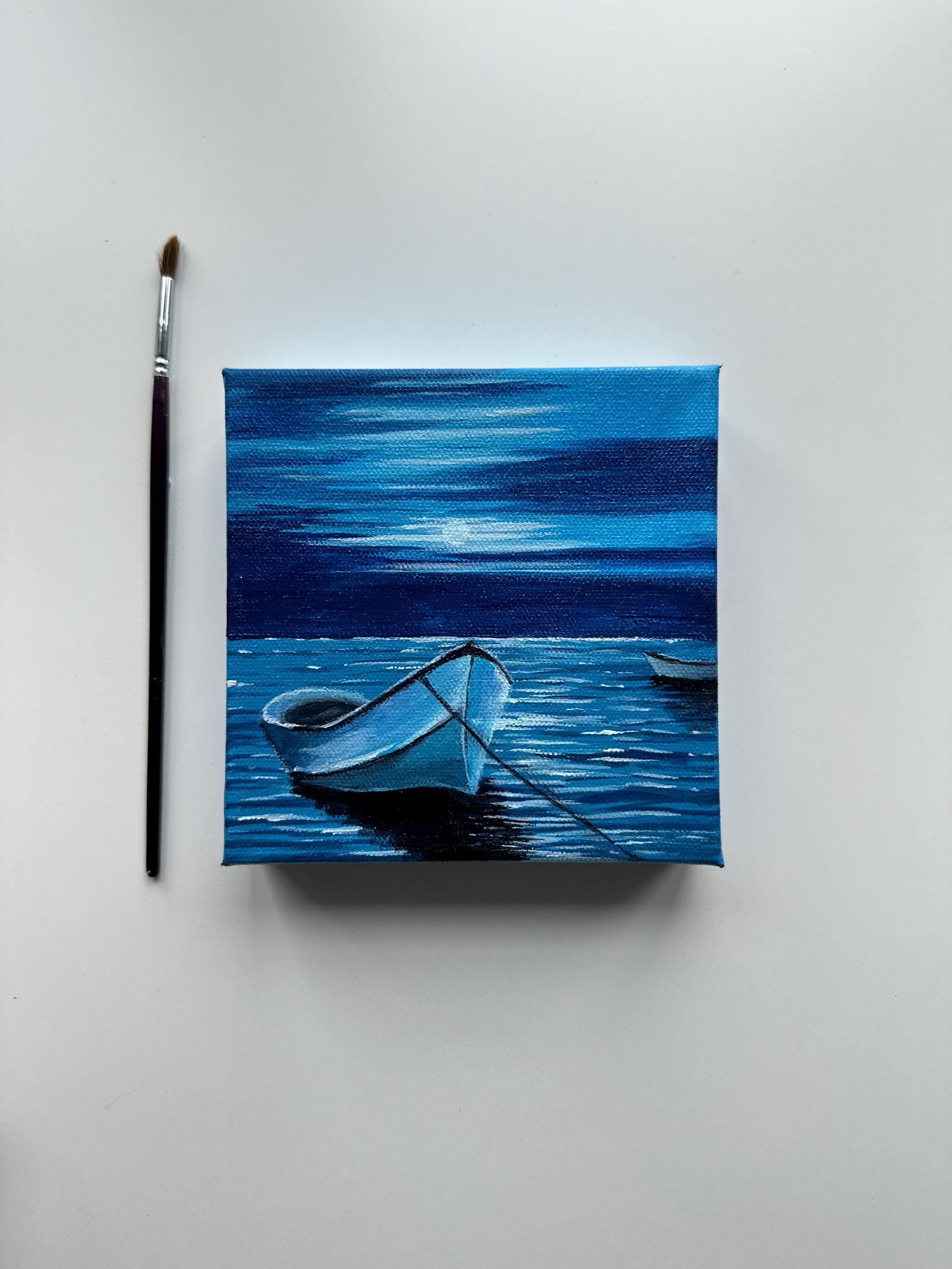 オーシャンアート NO-12 Midnight Reflections - 6x6” Original Acrylic Painting | Mini Boat