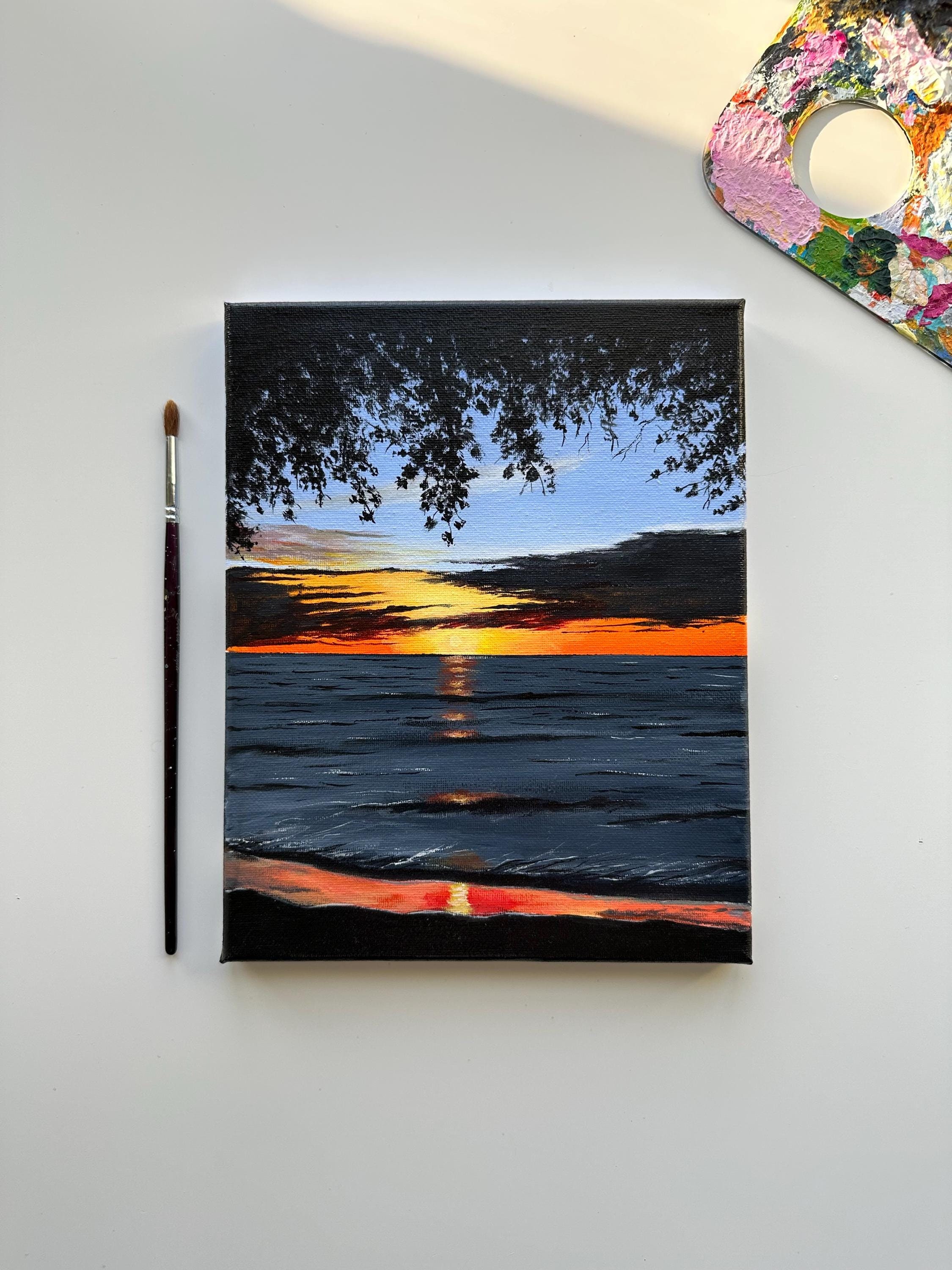 穏やかな夕焼けの海の絵画：オリジナルアクリルアート（8x10） - Etsy 日本