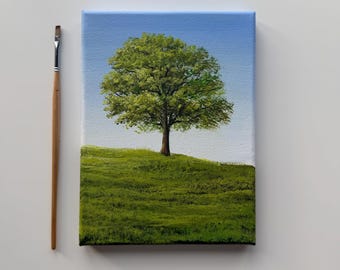 Pintura original de paisaje con árboles, 6x8 pulgadas, lienzo acrílico de pradera verde, arte mural de naturaleza.