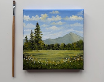 Pintura original de pradera de montaña de 6x6 pulgadas, campo de flores silvestres, lienzo acrílico.