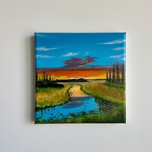 Original River Landscape Acrylic Painting: 8&quot;x8&quot; Nature Art
