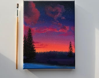 Pintura original de bosque al atardecer de 6x8, lienzo acrílico con cielo rosa y morado, arte mural de paisaje melancólico.