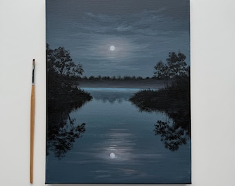Pintura original de lago iluminado por la luna, 9x12 pulgadas, paisaje nocturno melancólico, reflejo de la luna, pintura acrílica sobre lienzo.