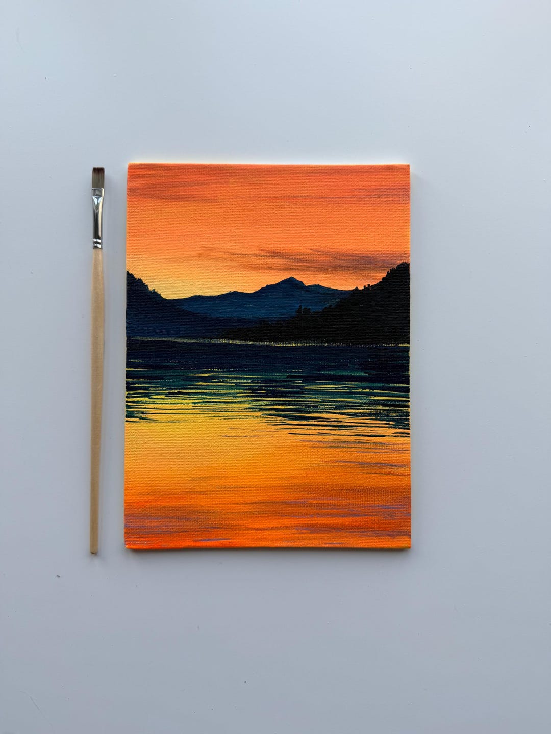 Original Acrylic Lake Sunset Painting 6x8, Mountain Reflection ...