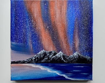 Original Northern Lights Painting: Acrylic Aurora Art on 8x8