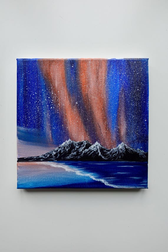 Original Northern Lights Painting: Acrylic Aurora Art on 8x8