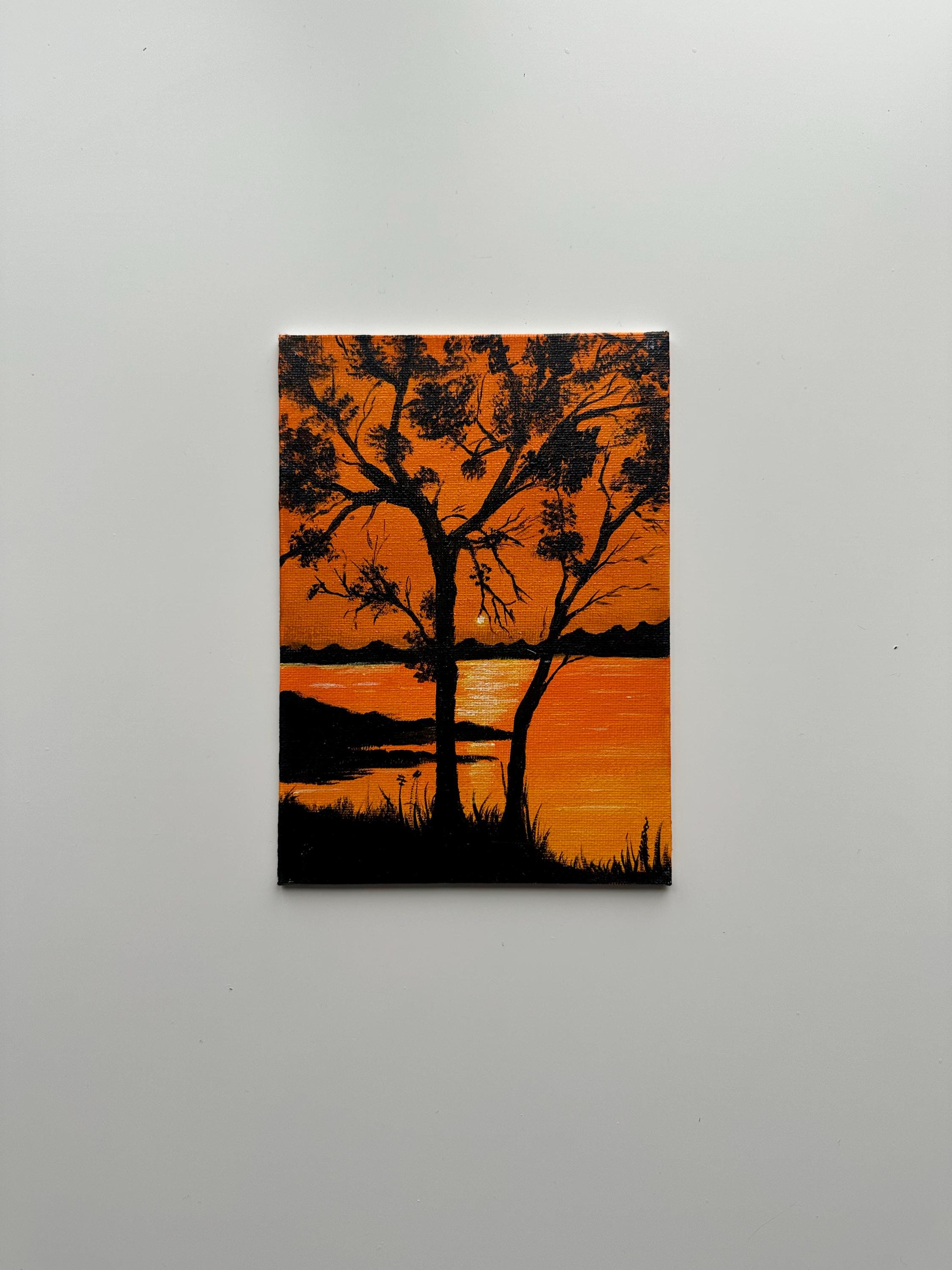【セット商品】Orange&Parkアート（額あり）&カリフォルニアサインアート Lakeside Sunset Painting: Original Acrylic Landscape Art, 5x7