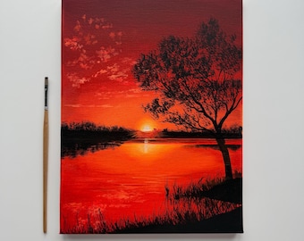 Cuadro original de 9x12 pulgadas con una puesta de sol roja sobre un lago, y una espectacular silueta de árbol en acrílico para pared.