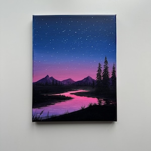 Original Night Landscape Painting – 8x10 Starry Sky & River Scene – Purple Twilight Mountains