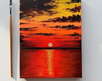 Pintura acrílica original con reflejo de puesta de sol, 6x8 pulgadas, arte sobre lienzo con paisaje marino y oceánico.