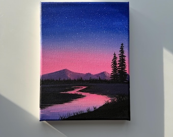 Pintura original de paisaje del río Rosa de 6x8 pulgadas, lienzo acrílico de montaña, arte mural de naturaleza al atardecer.