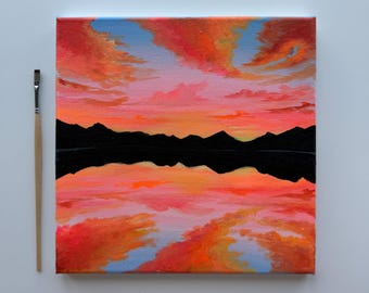 Resplandor del horizonte / Pintura original de una puesta de sol en la montaña 10x10