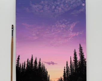 Cuadro original de bosque con puesta de sol púrpura de 9x12 pulgadas, silueta de pino sobre lienzo.