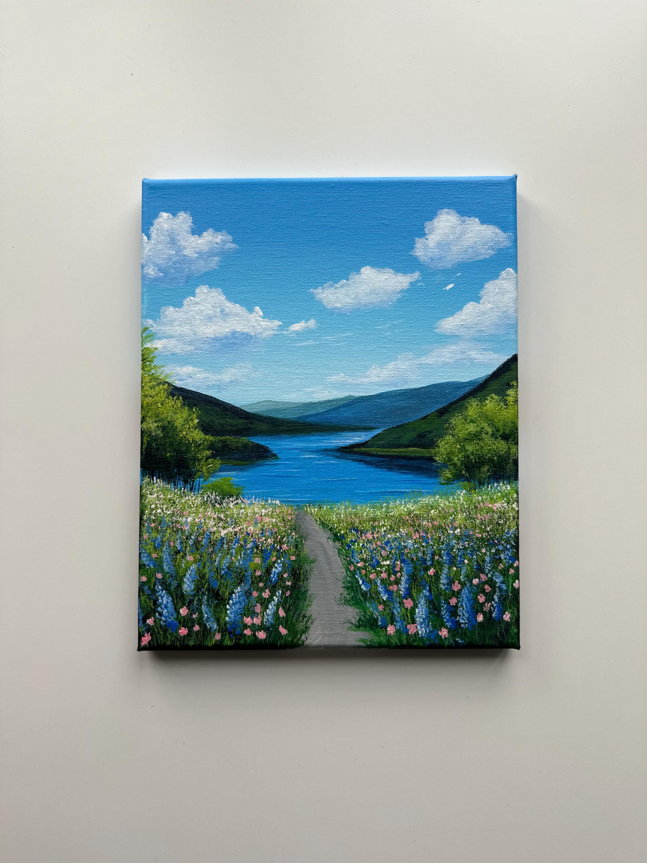 Wildflower Path to the Lake – 8x10 Original Acrylic Landscape