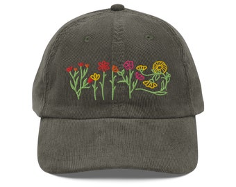 Floral Hat Beautifully botanical flower embroidery Vintage corduroy cap hat Cherry Blossom Sakura baseball cap Vintage flower cap women men