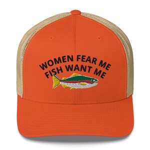 Fish Want Me Women Fear Me Embroidered Distressed Fishing Hat - Adjustable Cotton Twill Cap With Salmon Design 9 thumbnail image