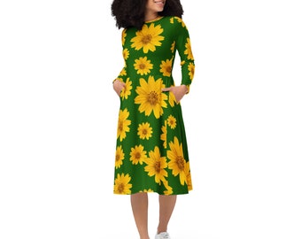 Sunflower dress women floral long sleeve midi dress women clothing women blouse flower wedding guest dress Women Sundress Vacation Boho