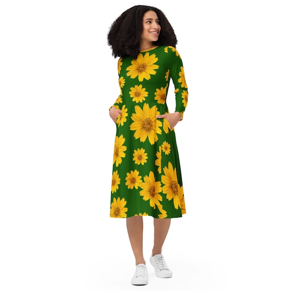 Sunflower dress women floral long sleeve midi dress women clothing women blouse flower wedding guest dress Women Sundress Vacation Boho