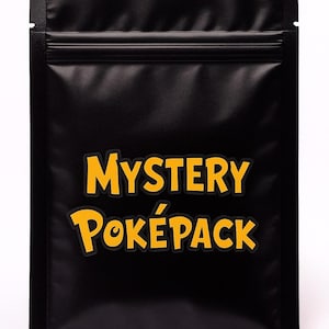 May include: Black pouch with a zip closure and the words "MYSTERY POKÉPACK" in yellow and orange lettering. The pouch is rectangular and has a matte finish. The background is white.