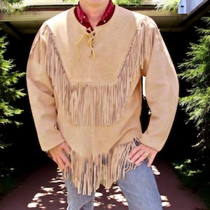 Men  Buckskin Shirt, Western Wear Cowboy Style Suede Leather Shirt Style Jacket Fringes, Traditional Vintage Sioux Native War Shirt