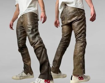 Pantaloni In Pelle Marrone Stile Cowboy Western - Con Lacci Laterali, Fatti A Mano In Pakistan