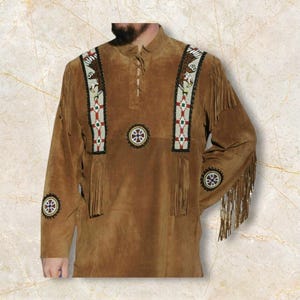 Men Liberty Eagle Beaded Buckskin Shirt, Western Cowboy Suede Leather Shirt Style Jacket Fringes, Traditional Vintage Sioux Native War Shirt