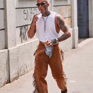 Men Native Western Cowboy Style Leather Chap Fringes - Suede Leather Pant - Suede Leather Chap - Rodeo Riding Leather Chaps - Western Outfit