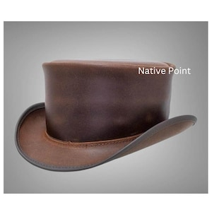 El Dorado Handmade Leather Brown Top Hat - Steampunk Gothic Victorian Style - Unbanded Leather Top Hat - Biker Hat