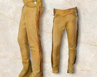 AAOutfitz Pantalon western en daim avec franges pour homme, Marron - Cuir suédé, XXS