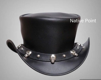 El Dorado Handmade Leather Black Top Hat - Steampunk Gothic Victorian Style - Skull Band Leather Top Hat - Biker Hat