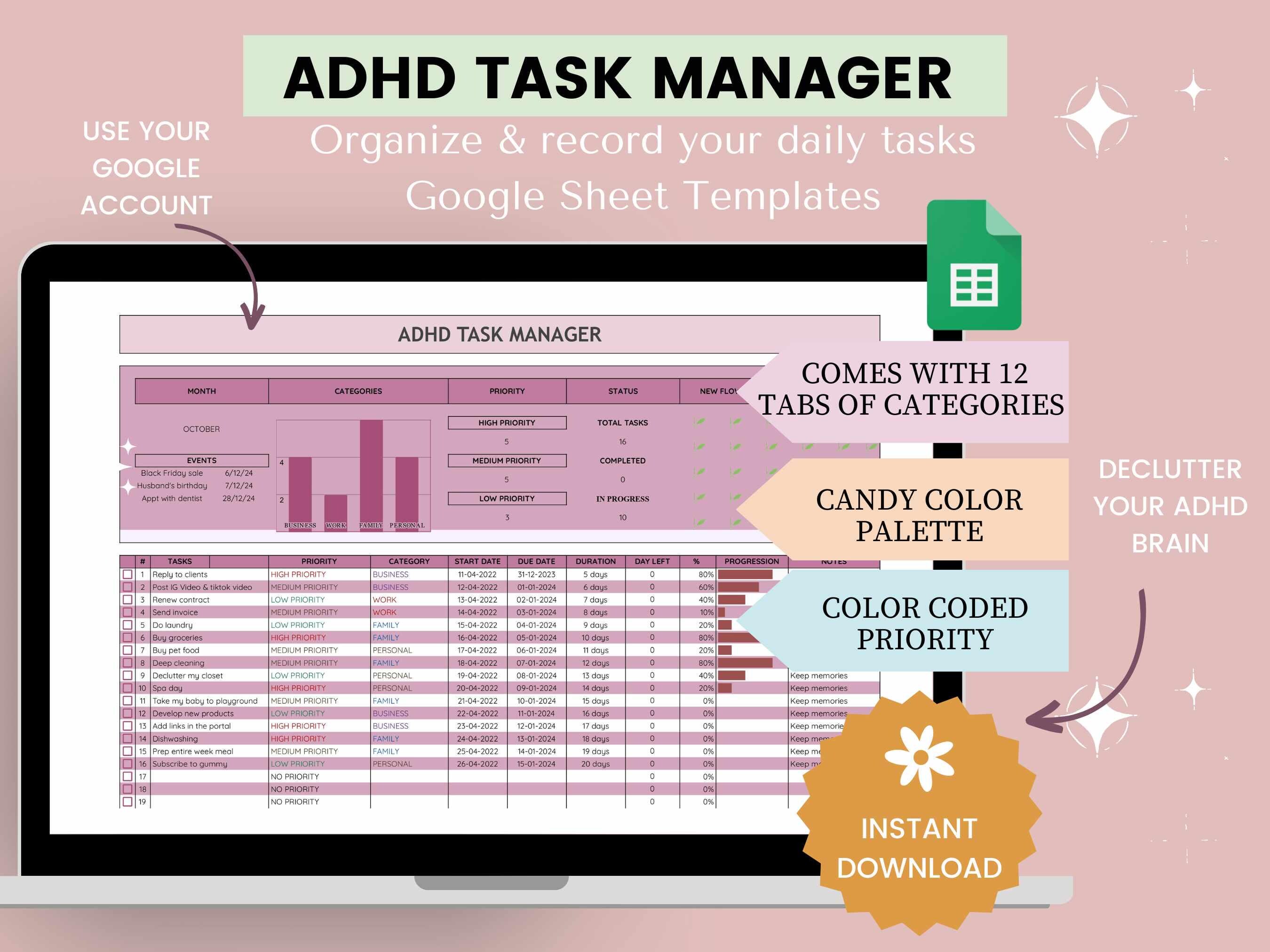 To Do List Task Tracker Template Productivity Planner Spreadsheet Daily ...