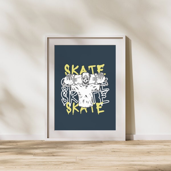 Skateboard Art Print Download, Skateboard deck art, skateboard art, Minimalist Skeleton Skateboarding Wall Poster,Art Print, birthday gift