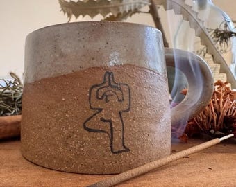 Handmade Ceramic Small Mug – Earthy Two-Tone Piccolo Coffee Cup with Yoga Illustration