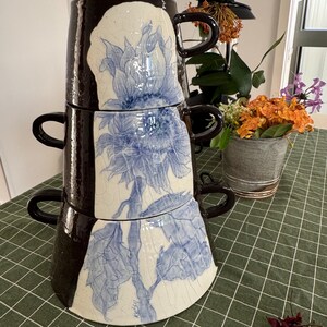 Handmade Ceramic Stackable Mug Set Blue Floral Design