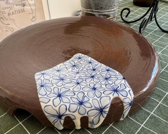 Handmade Ceramic Plate, Dessert Plate, Pottery Dish -Blue Floral Drip Accent