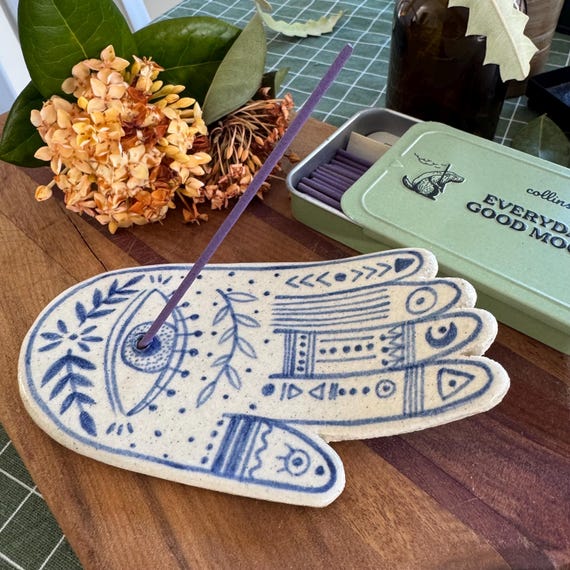 Handmade Ceramic Incense Holder – Hand Painted Hamsa Hand Design